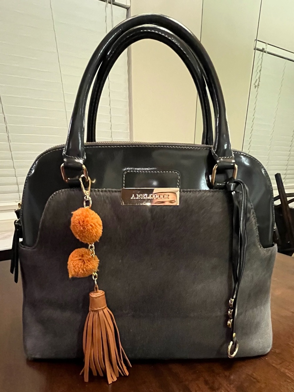Gray and Black Satchel with Tan Pom Tassel